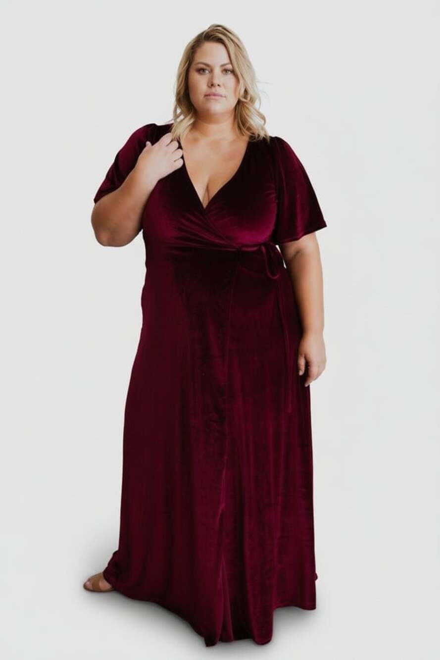 Baltic Born Women 2XL Meghan Velvet Wrap Maxi Dress Mulberry Red Bridesmaid Tie